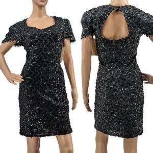 NWT Vintage 1990s David Rose Beaded Dress Black Sequins Cut Out Formal Size M
